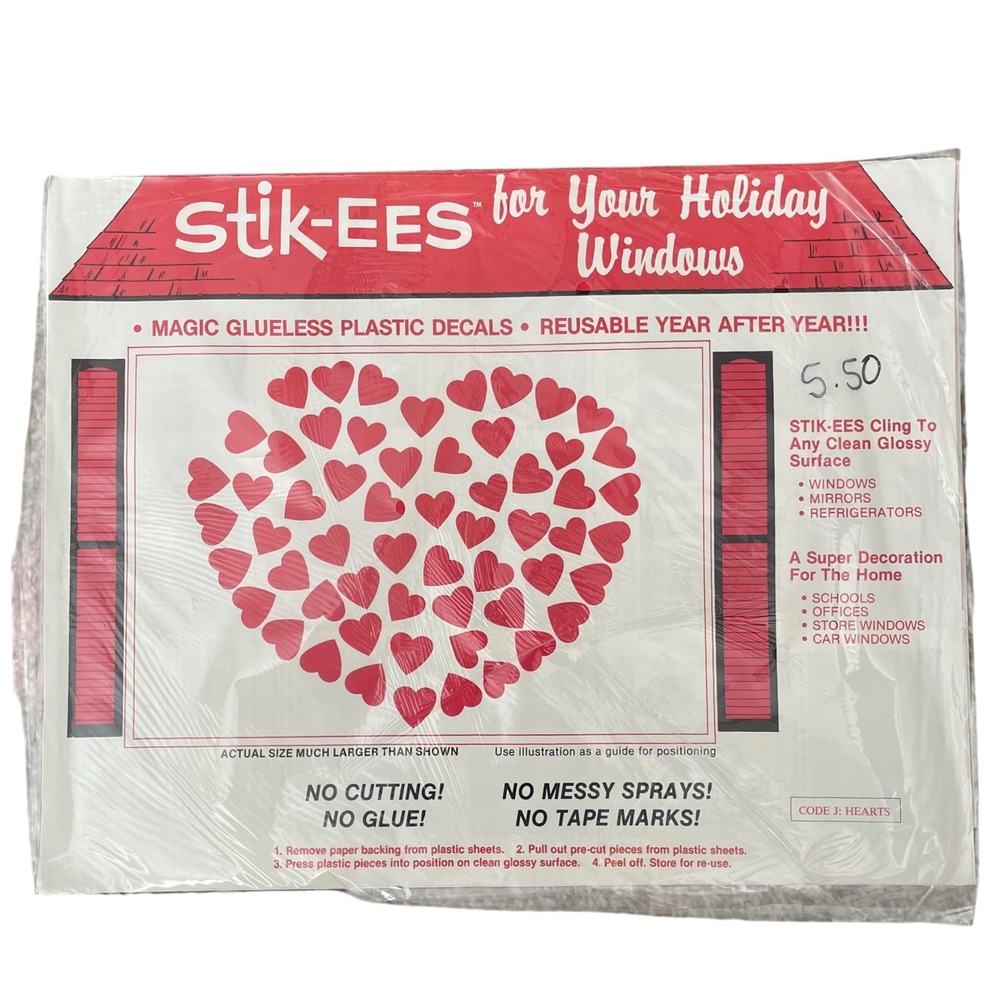 Vtg Stik-ees Window Clings red hearts code j 90s Teacher School valentine love